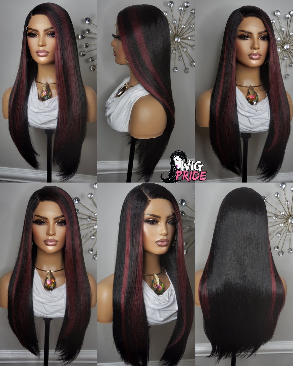 New Long Straight Style Burgundy Red Black Highlights Lace Front Wig Womens Hair