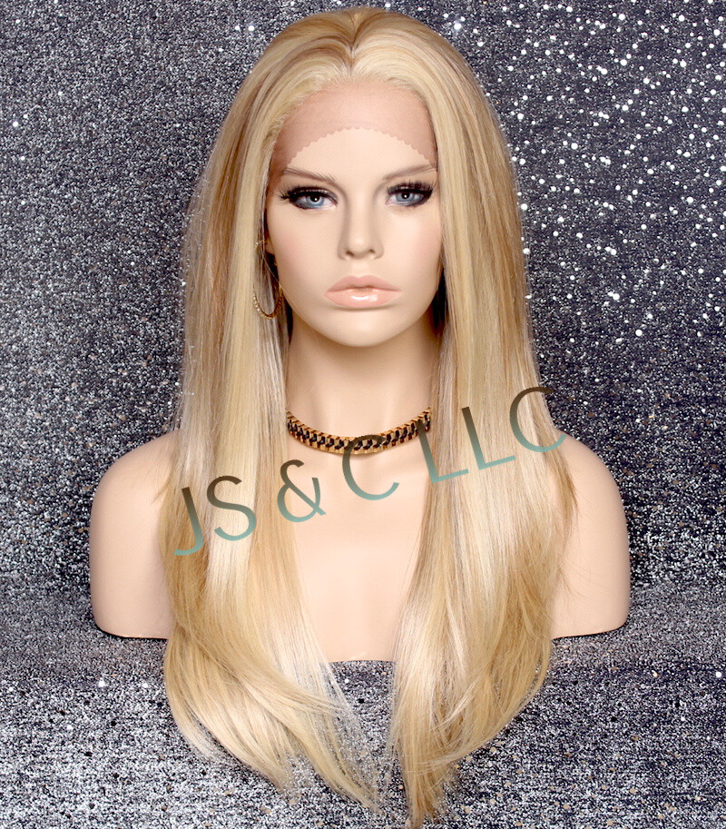 Long Straight Human Hair Blend Mono Top Lace Front Wig Blonde mix 613-27 WBDL