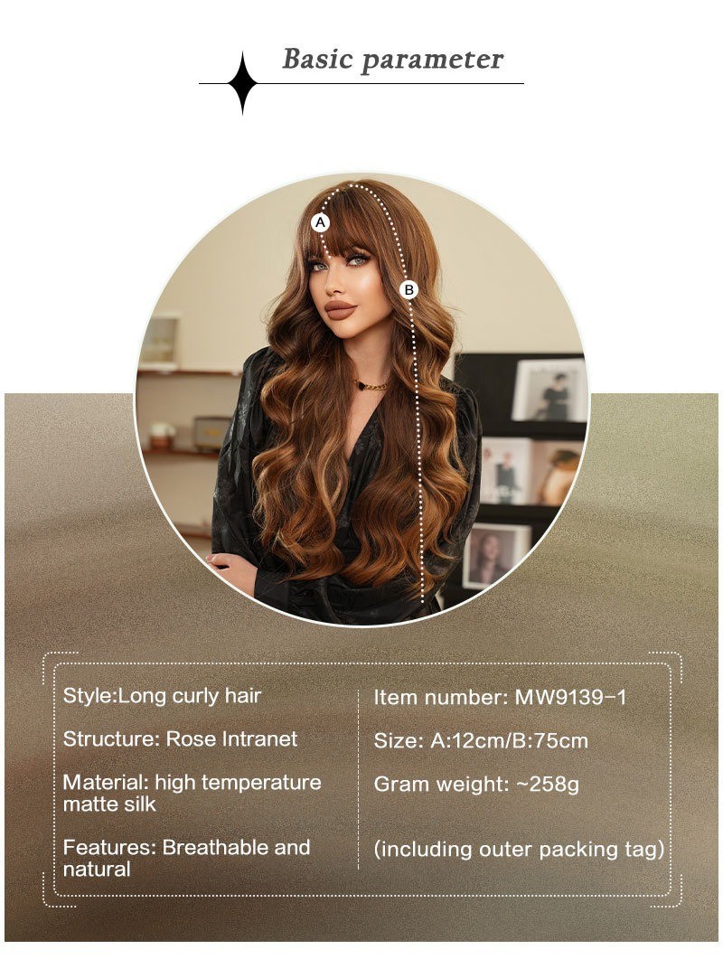 Golden highlighted long curly hair with big waves and bangs wigs