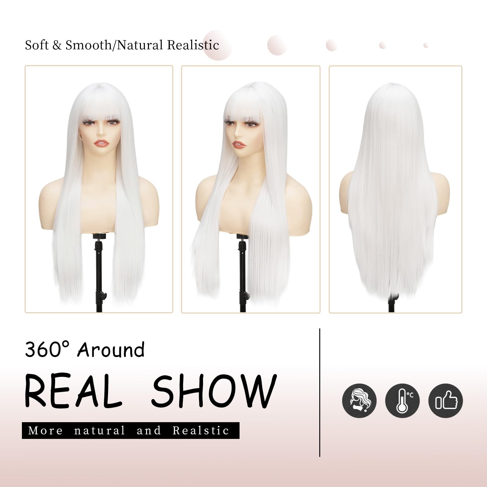 White Long Straight Wig for Women with Bangs Synthetic Hair Natural Looking H…