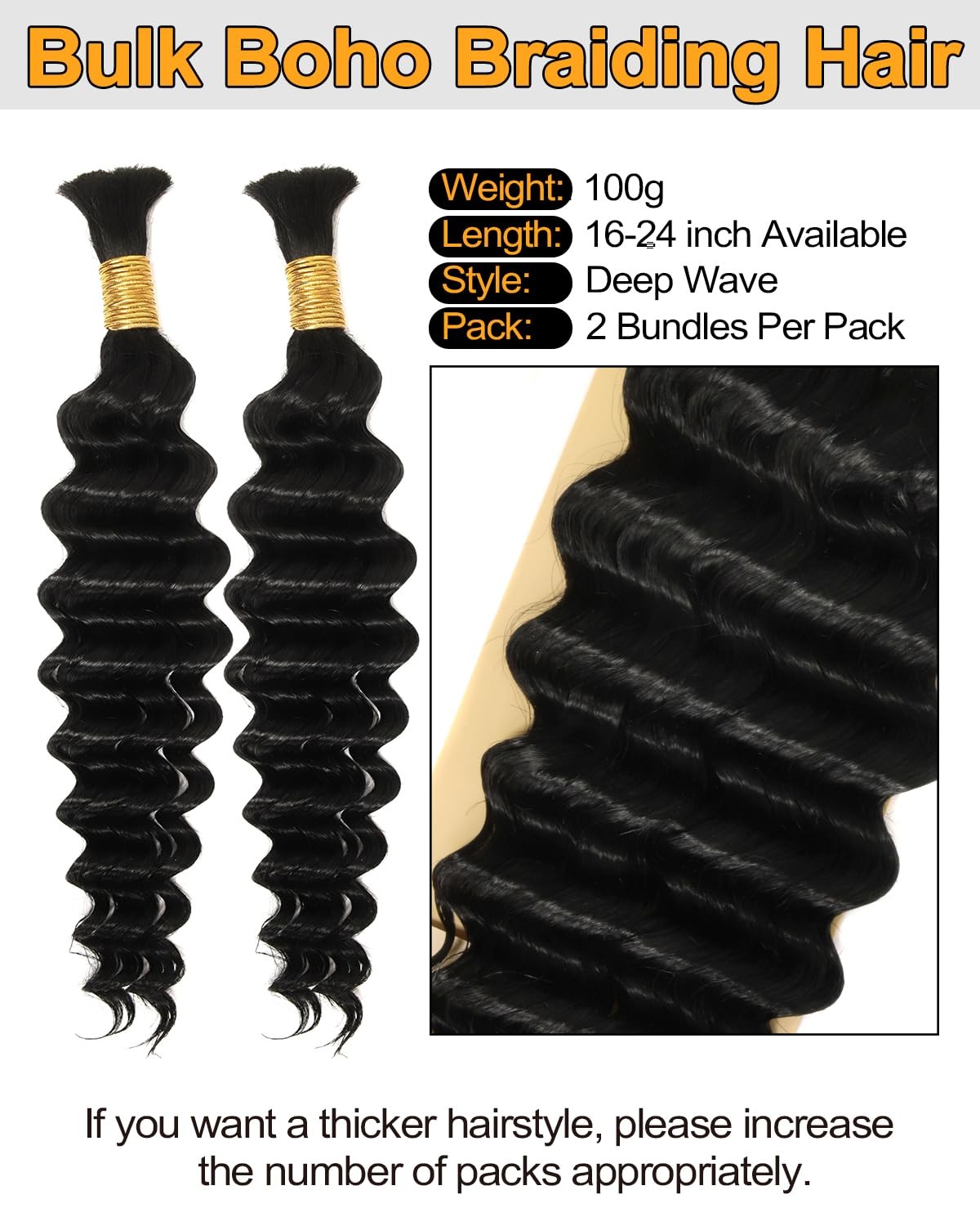 BEEOS #1 Jet Black Boho Hair for Braiding, Deep Wave Bulk Human Hair for Knotles