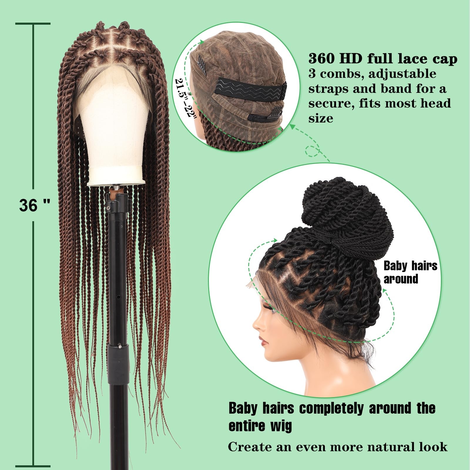 Youthfee 360 Hd Full Lace Braided Wigs Knotless Twist Braided Wig For Women