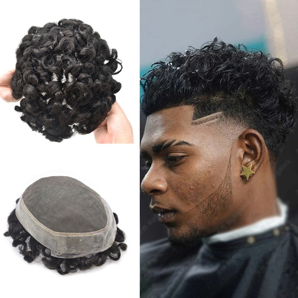 US Afro Kinky Curly Mens Toupee Black Men Hair Units Replacement System Durable