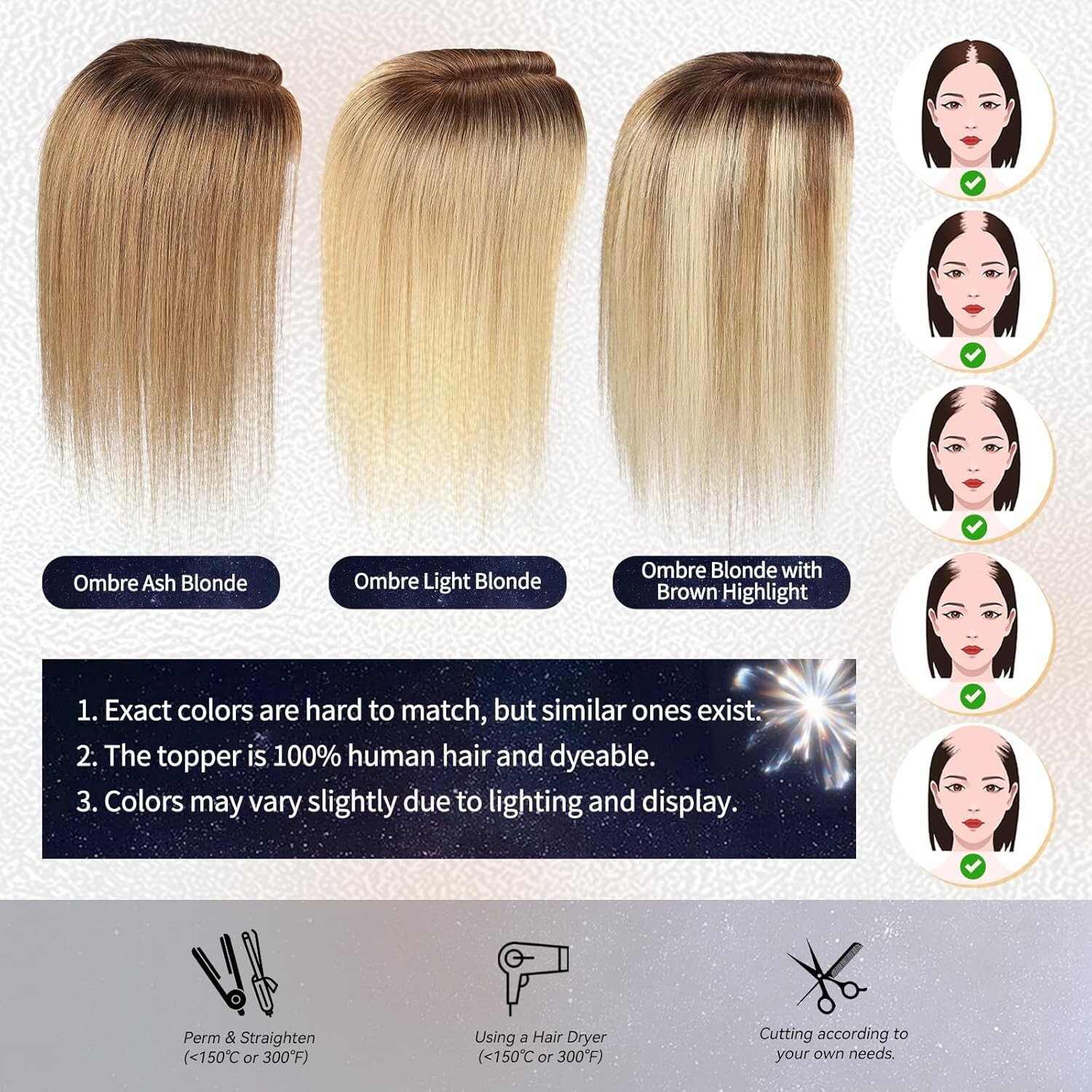 Starluck Ombre Light Blonde Hair Topper, 65g, 6″x5.5″ Large Base, Human Hair