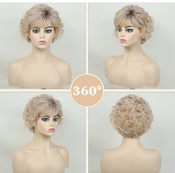 Short Curly Synthetic Wigs Rooted Blonde Mix Heat Ok Wig Women Soft Natural
