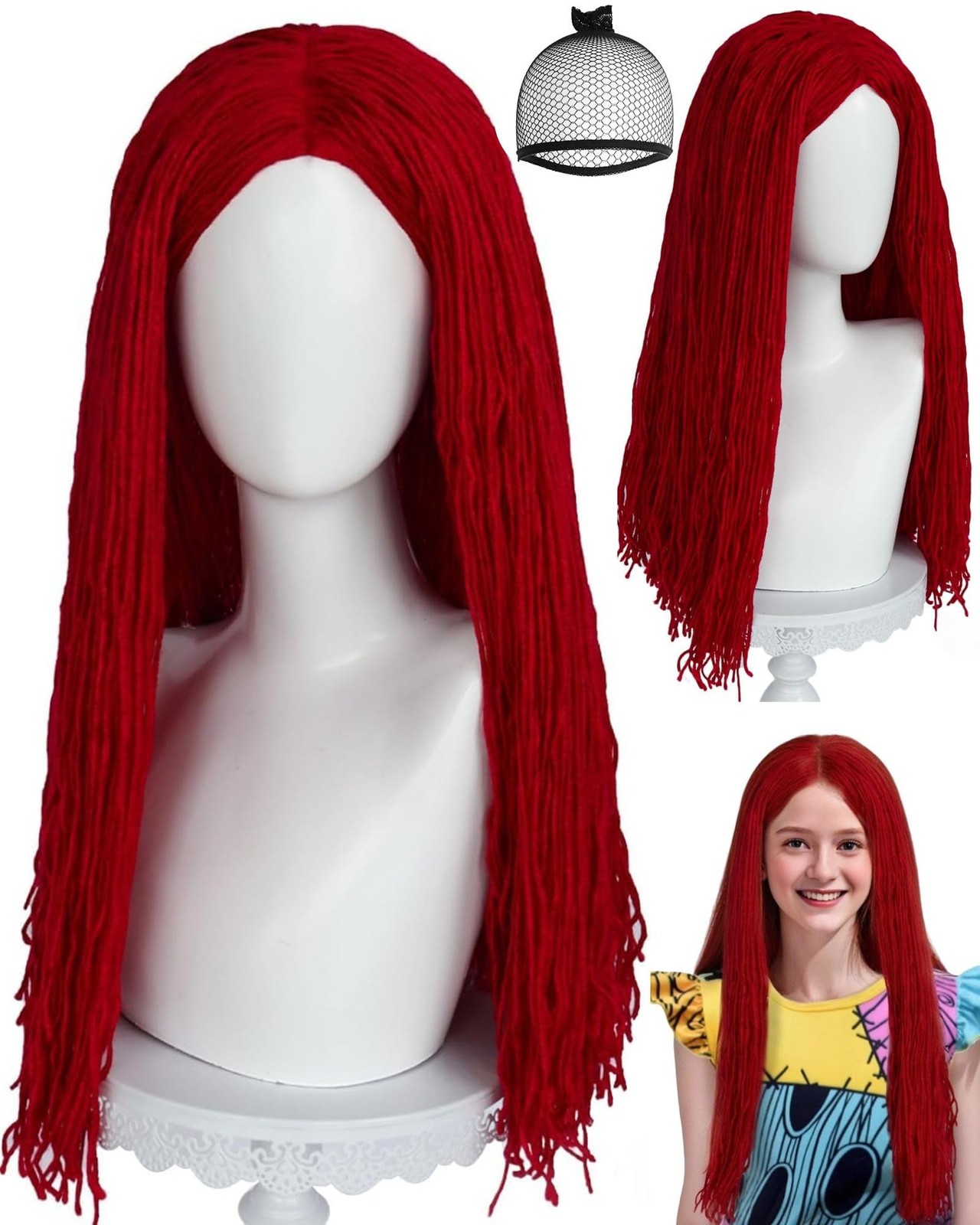 Hair Cap+Sally Wig Sally Cosplay Costume Wigs Long Straight Dark Red Yarn Wig…