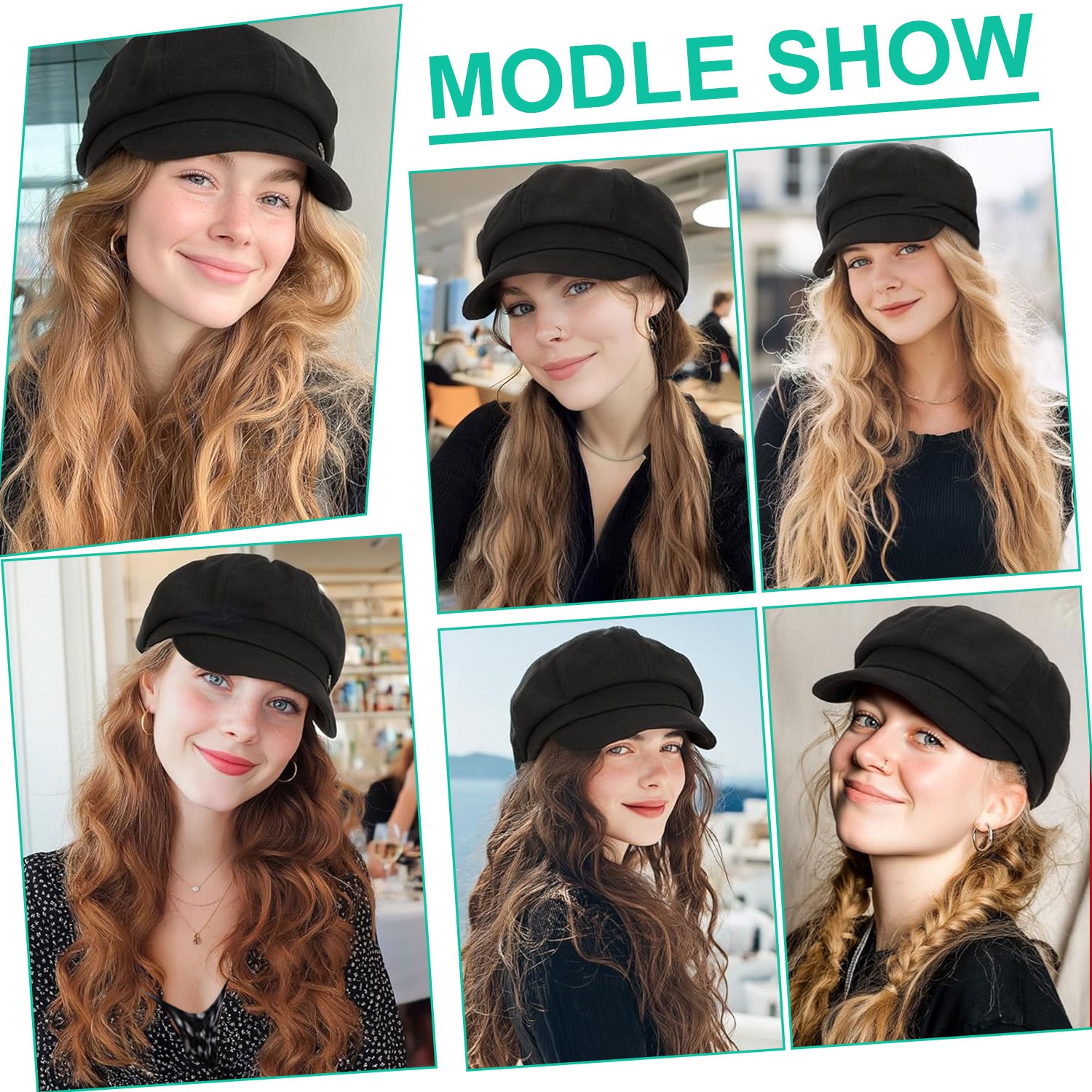 Fashion Wavy Hair Extensions With Attached Black Beret Hat Synthetic Hairpiece M