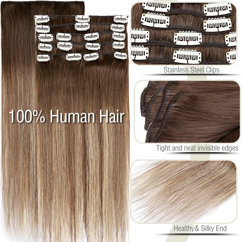 8A Clip In 100% Remy Human Hair Extensions Full Head Balayage Long Medium Hair
