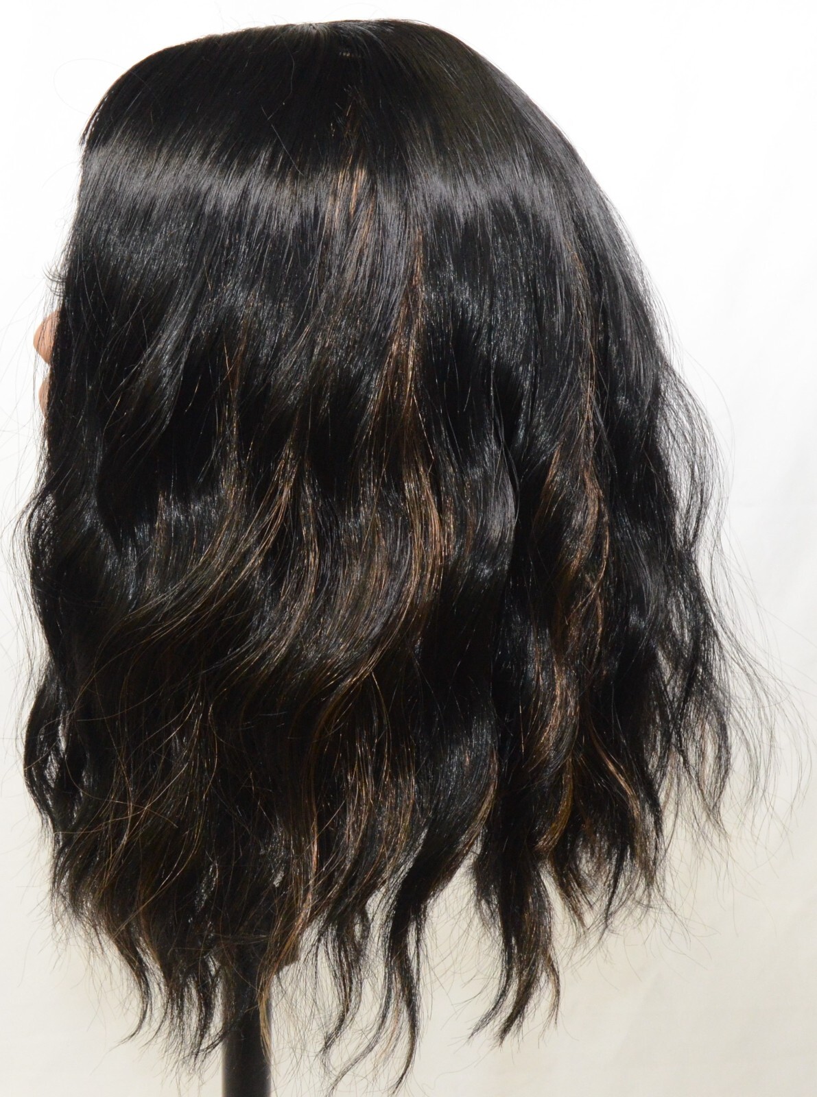 Black Wavy Wig with Copper Blonde Highlights and Short Bangs – Shoulder Length
