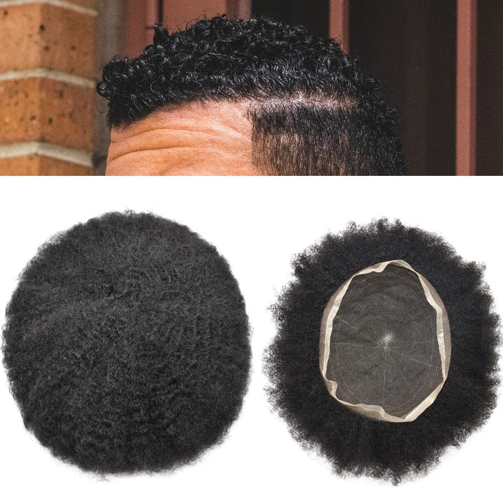 Full Lace Afro Curl Mens Toupee African American Human Black Hair Curly Systems