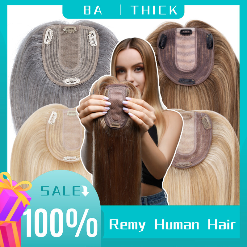 THICK Remy Human Hair Top Piece Clip In Silk Base Topper Hairpiece Wig Bangs 22″