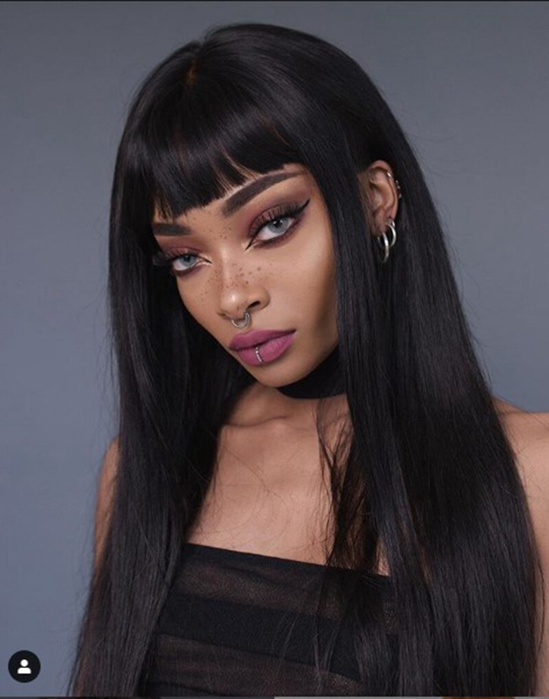Long Straight Hair With Bangs Full Wig Heat Safe Fiber Black Wigs Casual US New