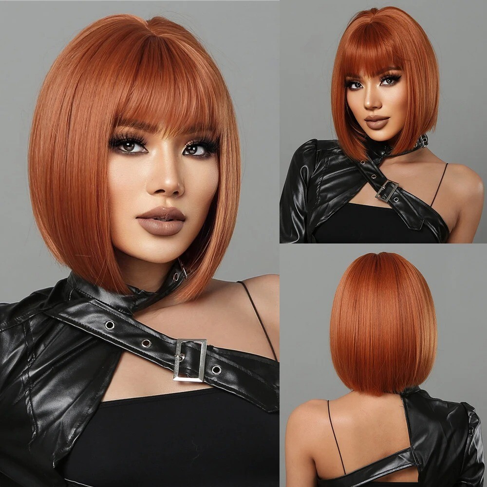 Honey Brown Short Bob Wig With Bangs Synthetic Heat Resistant Wig Natural Hair