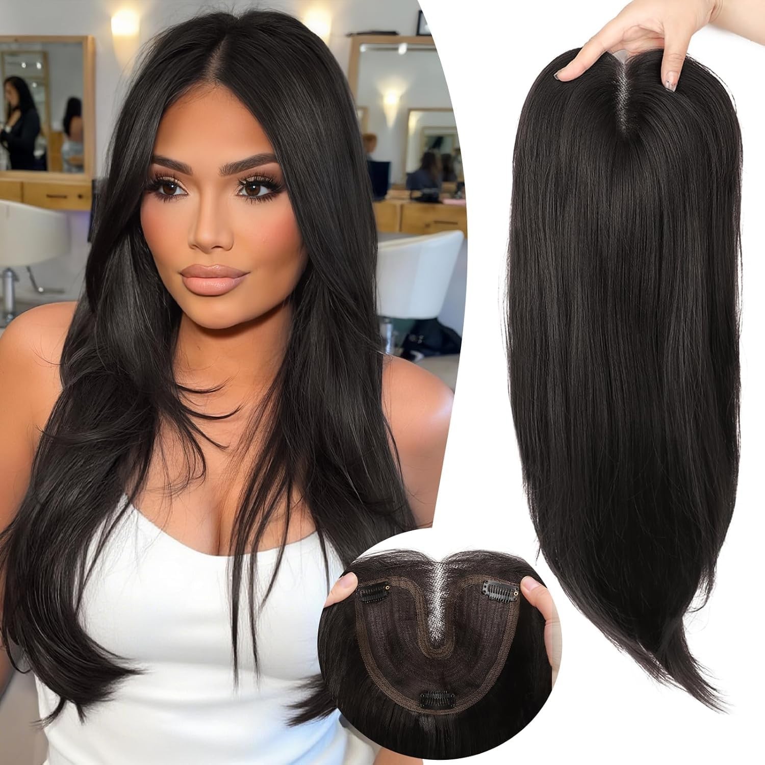 Soft Black with Wispy Bangs Long Straight Layered 24in Women Premium Hair Topper