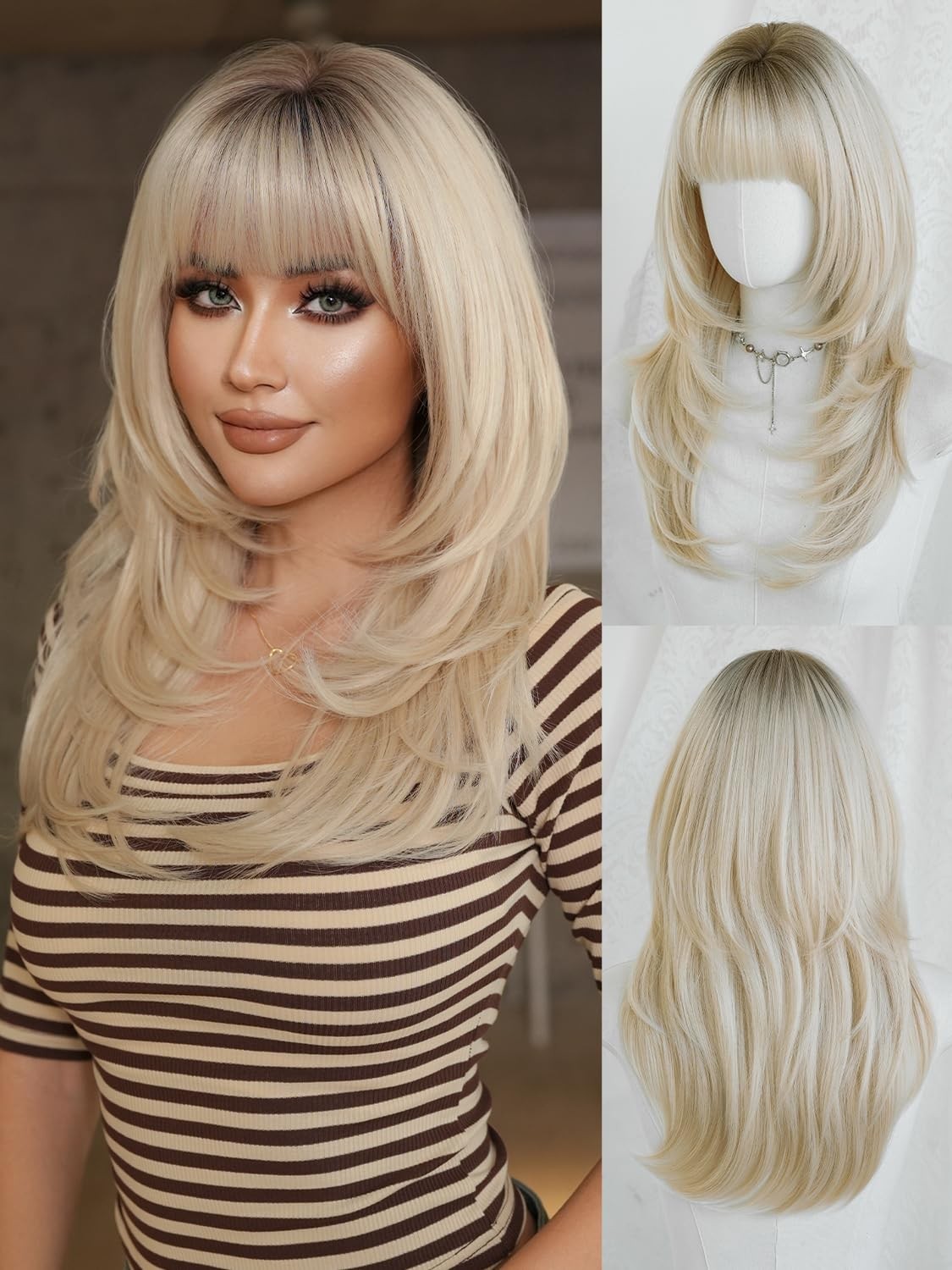 24 Inch Platinum Blonde Layered Tail Bangs Wig with Dark Roots White Blonde M…