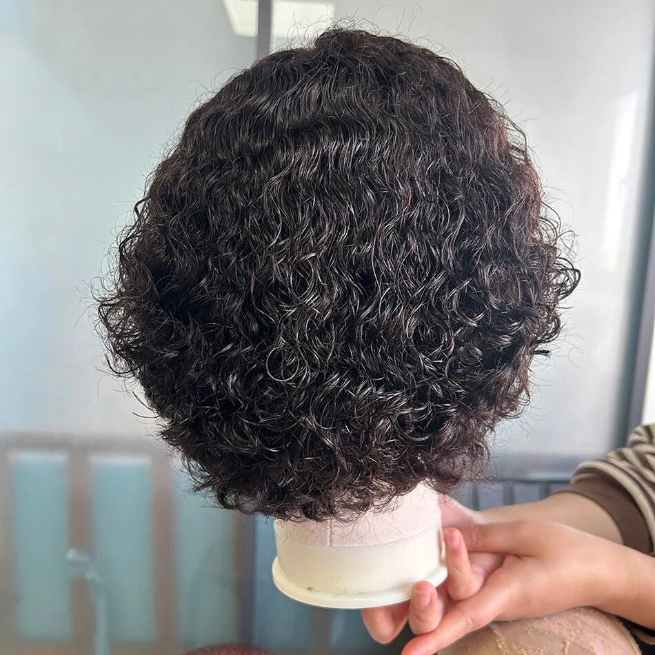 Human Hair Brazilian Remy Deep Part Curly Full Lace Wigs For Men Pixie Cut Short