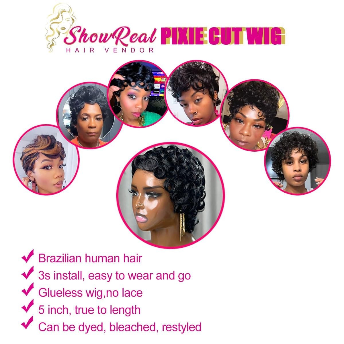Showreal Brown Short Wigs Pixie Cut Curly Wigs For Black Women Pixie Cut Human