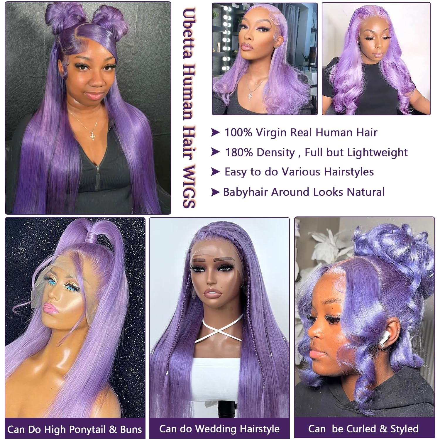 Ubetta Purple Wig Human Hair Lilac Glueless 13X6 Lace Front Wigs Human Hair Pre