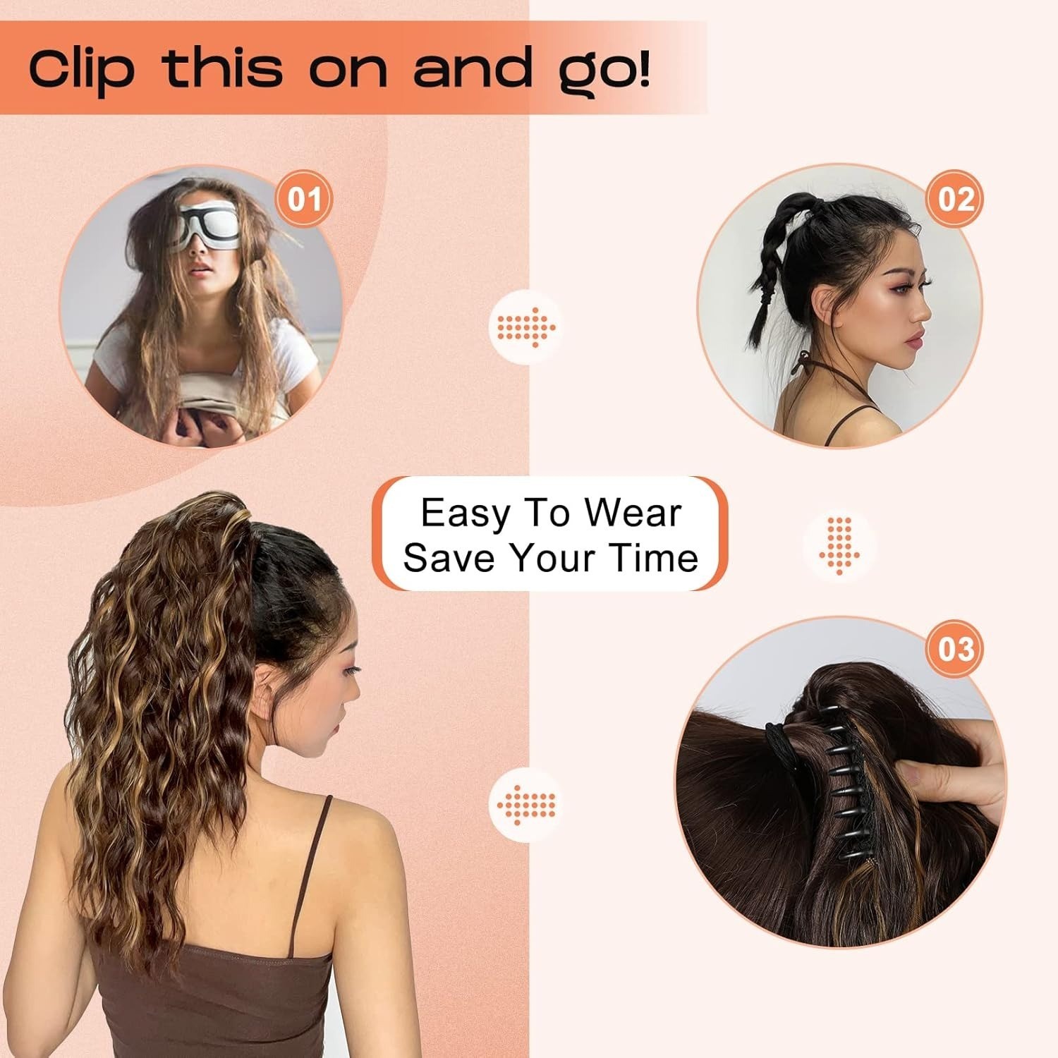 18″ Highlight Ponytail Extension Claw Clip Wavy Thick Hairpiece Chocolate Brown