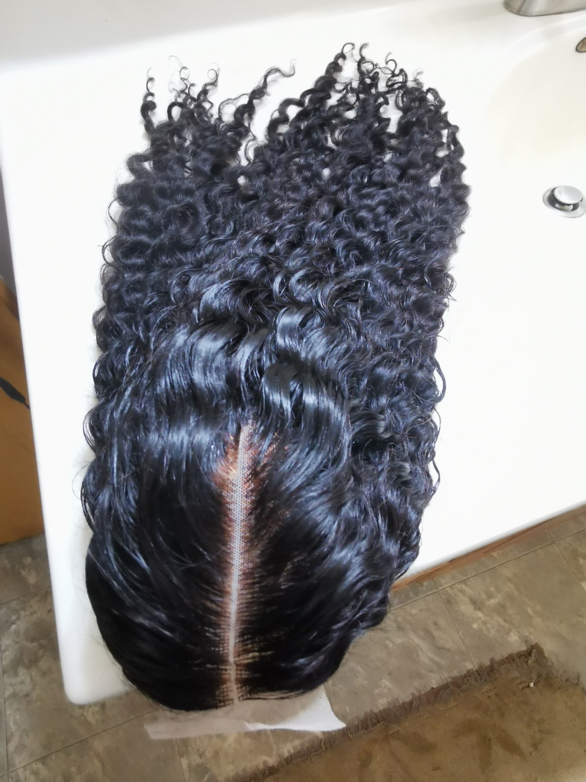 Quality Natural Black Curly Human Hair Glueless Deep Closure Wig 22″ Handmade