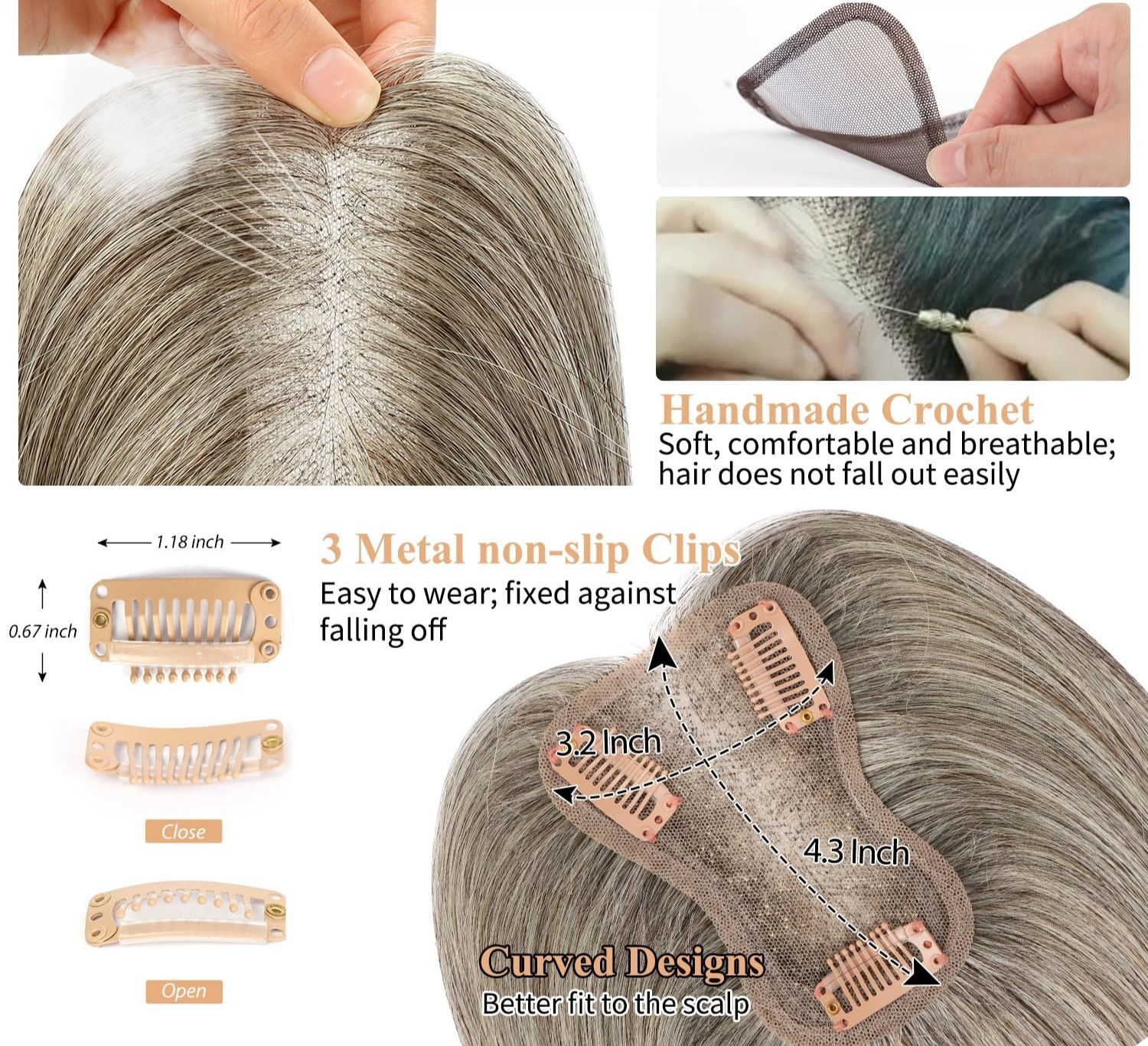 Gray Black & Blonde/BrownUndertone 10in 100% Human Hair Women Hair Topper