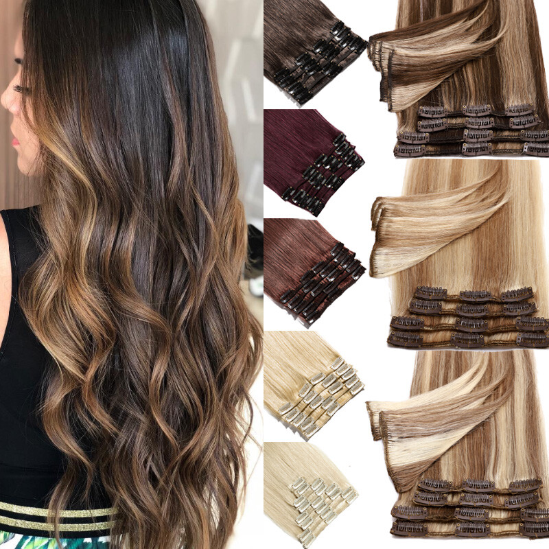 Clip In 100% Remy Real Human Hair Extensions Full Head Highlight Ombre US 8″-24″