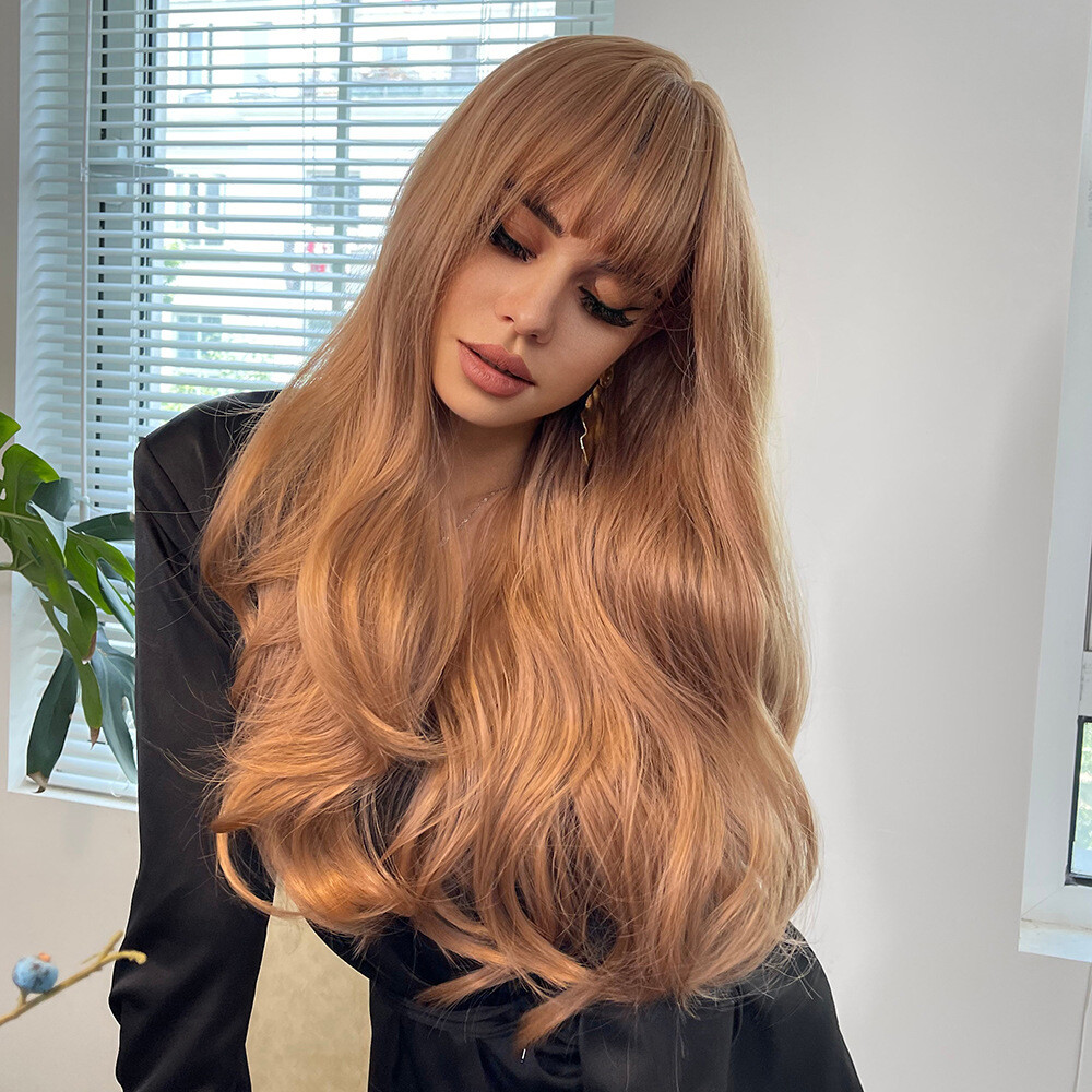 1 Set Long Wigs Lace Front with Bangs Wave Synthetic Hairs Tousy Curl Natural