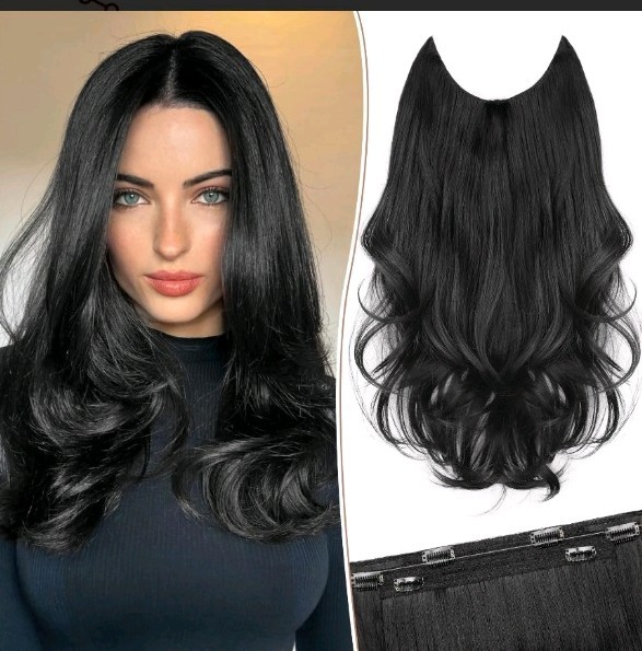 Kookastyle Invisible Wire Hair Extensions Size 6 Synthetic 16 Inch Black Wavy