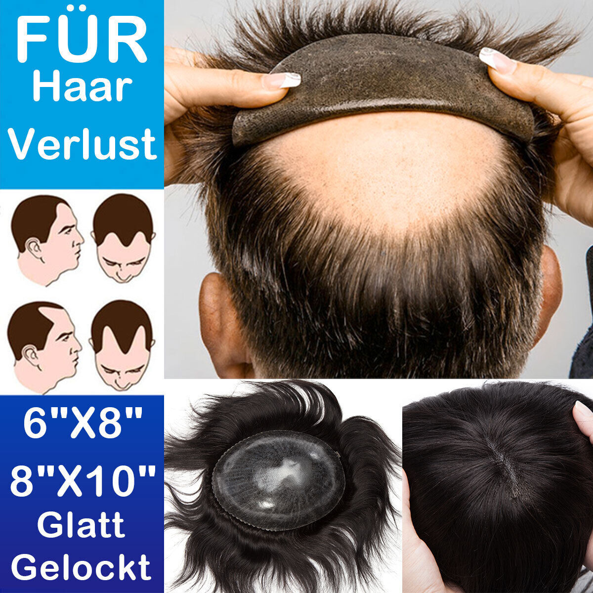Natural Mens Toupee Human Hair System Replacement PU Skin Hairpiece for Men USA