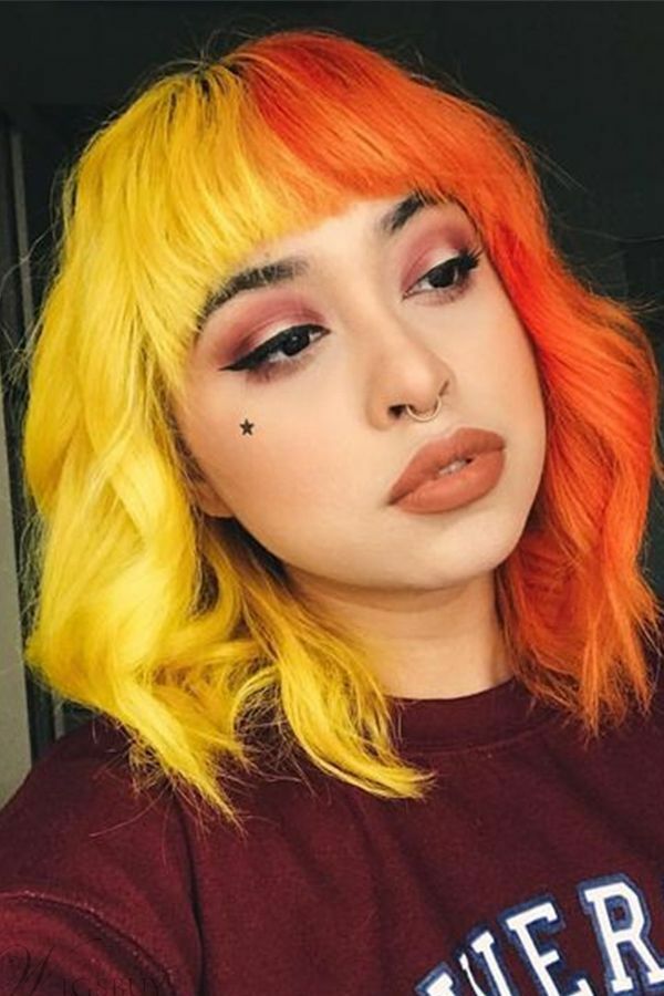 New Short Wavy Yellow and Orange Wig Synthetic Hair Wig With Bangs Women Party