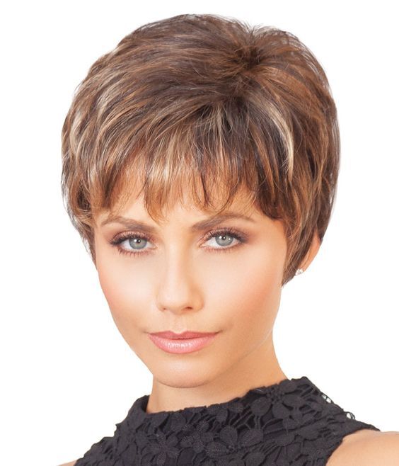 Short Dark Brown Mixed Blonde Highlight Pixie Cut Wigs with Bangs Synthetic Wigs