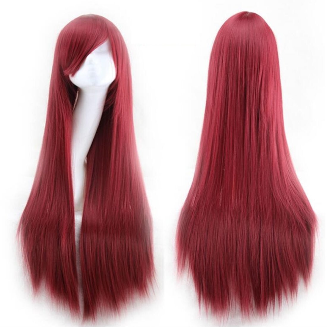 31.5inch/Wine Red Long Straight Wig Hair Side Bangs 100% Density Lace Front NEW