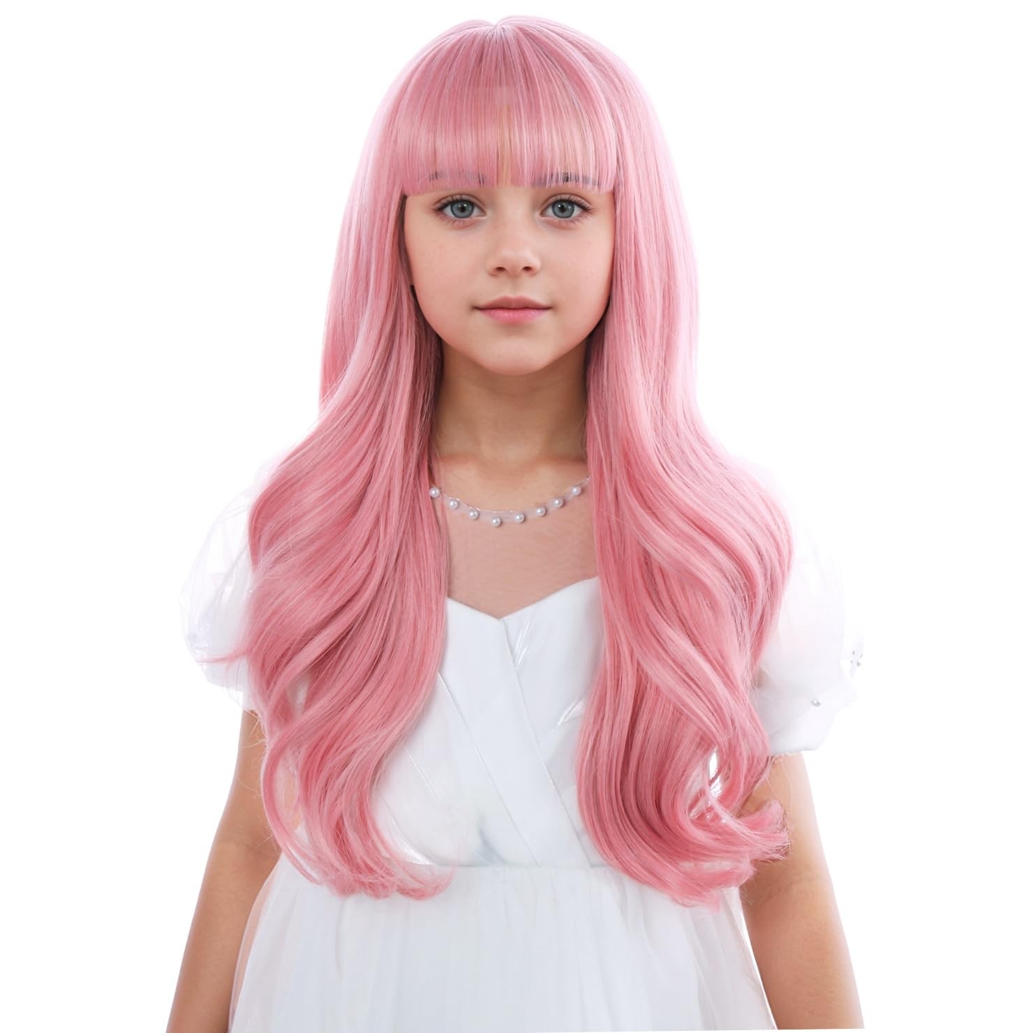 Pink Wig for Kids Girls Wavy Light Pink Wig Long Curly Wigs with Bangs for Ch…