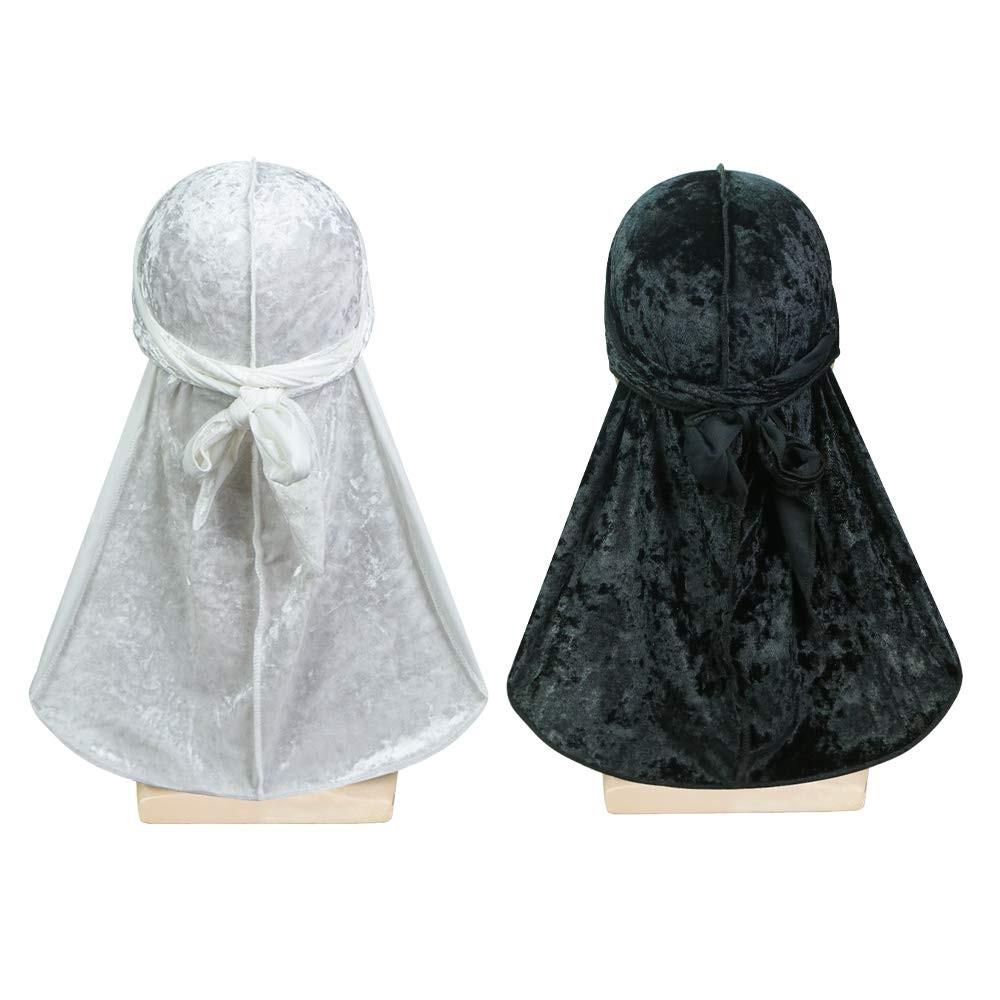 ASHILISIA 2 PCS Crushed Velvet Wave Durag – 1 Count (Pack of 2), Black+white