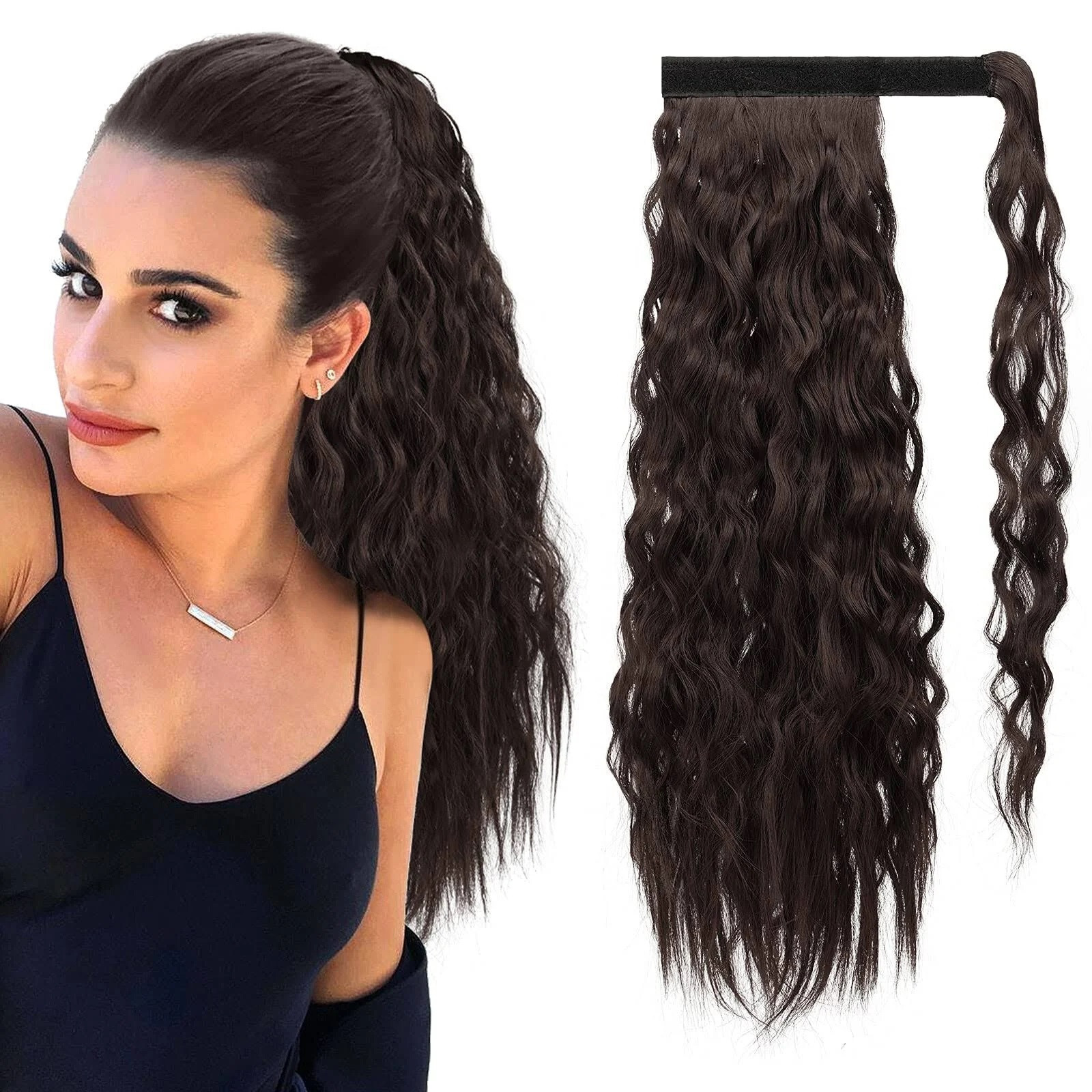 PEACOCO 16″ Wrap Corn Wave Ponytail Extension brown 2# synthetic hairpiece YMT01