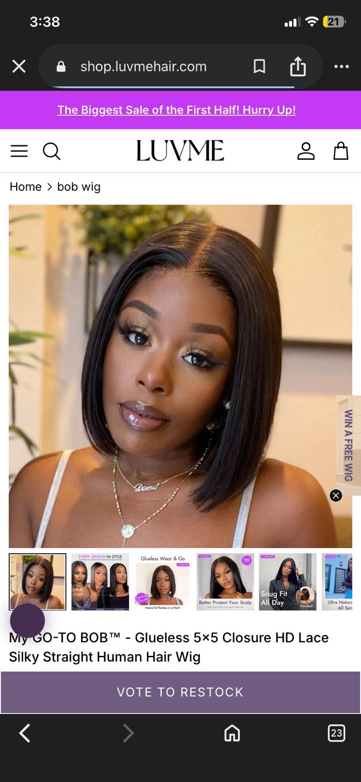 Luvme Glueless 5×5 Closure HD Lace Silky Straight Human Hair Bob Wig Black