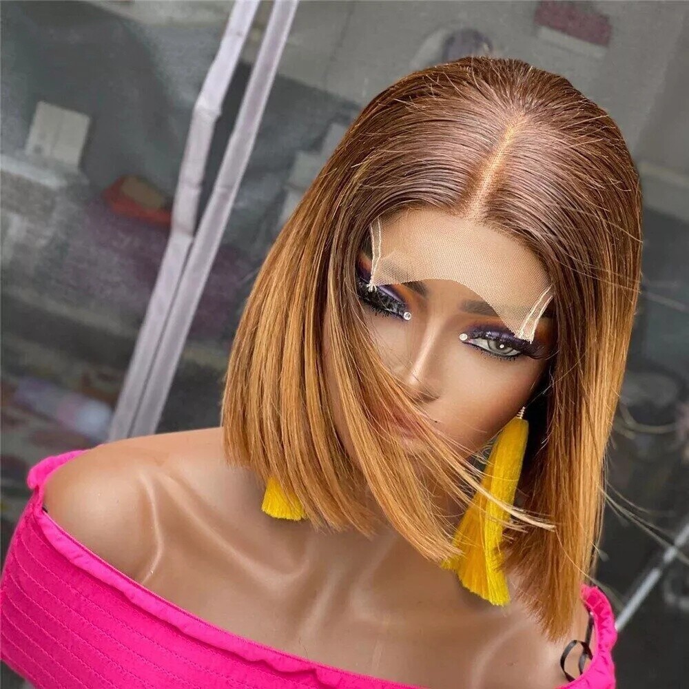 Brown Blonde Straight Bob 4X4 Lace Human Hair Wig for Women Remy Hair