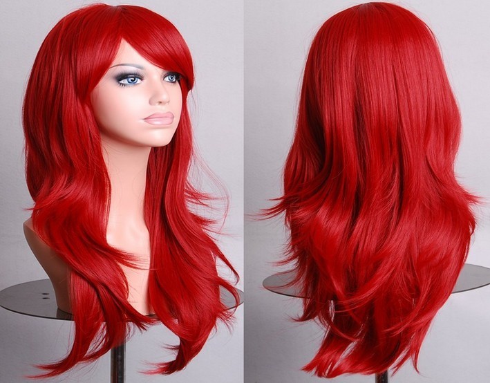 Red Fashion 70cm Full Curly Wigs Cosplay Costume Anime Party Hair Wavy Long Wig