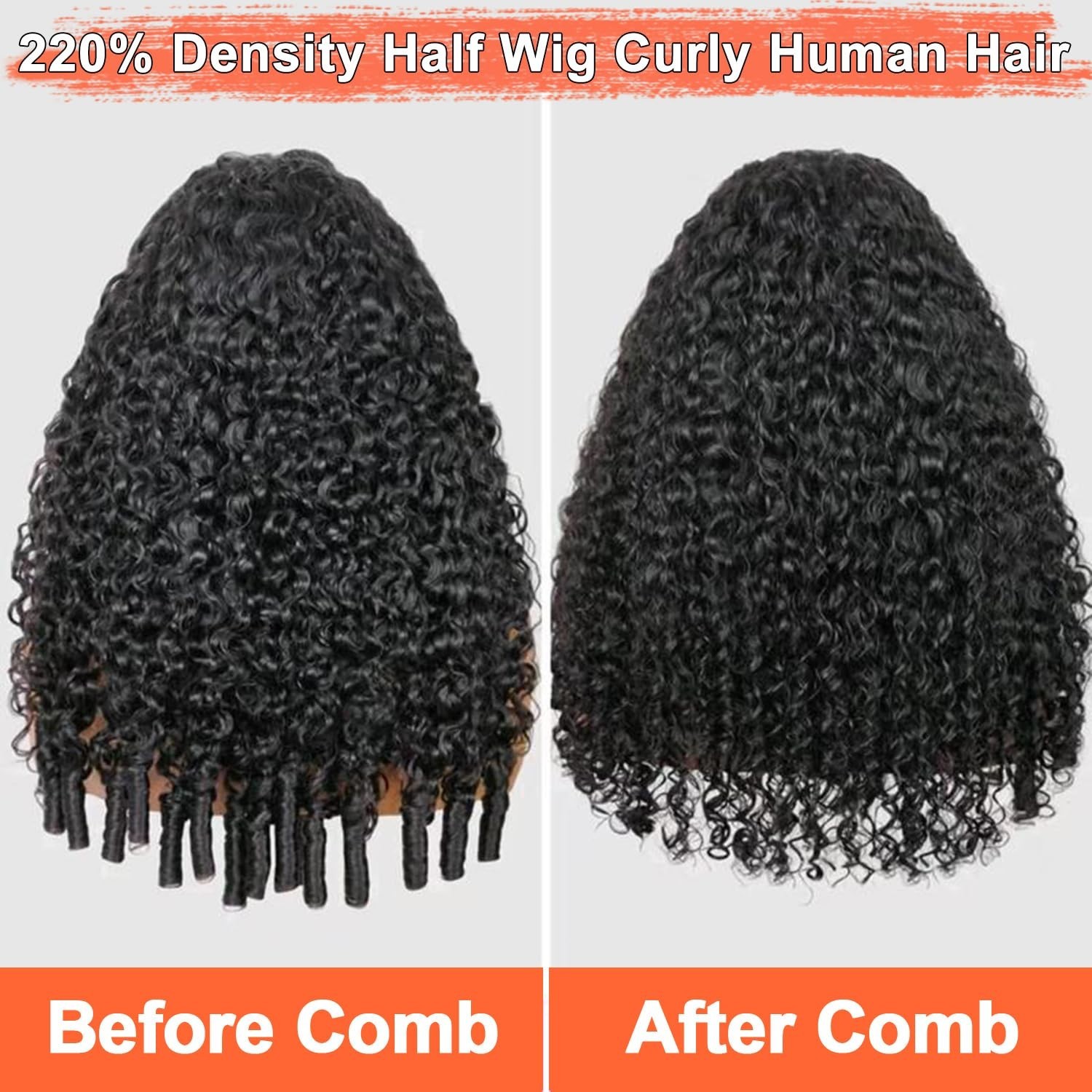 220% Density 18″ Burmese Curly Half Wig – 100% Human Hair, Glueless Clip-Ins, Ea