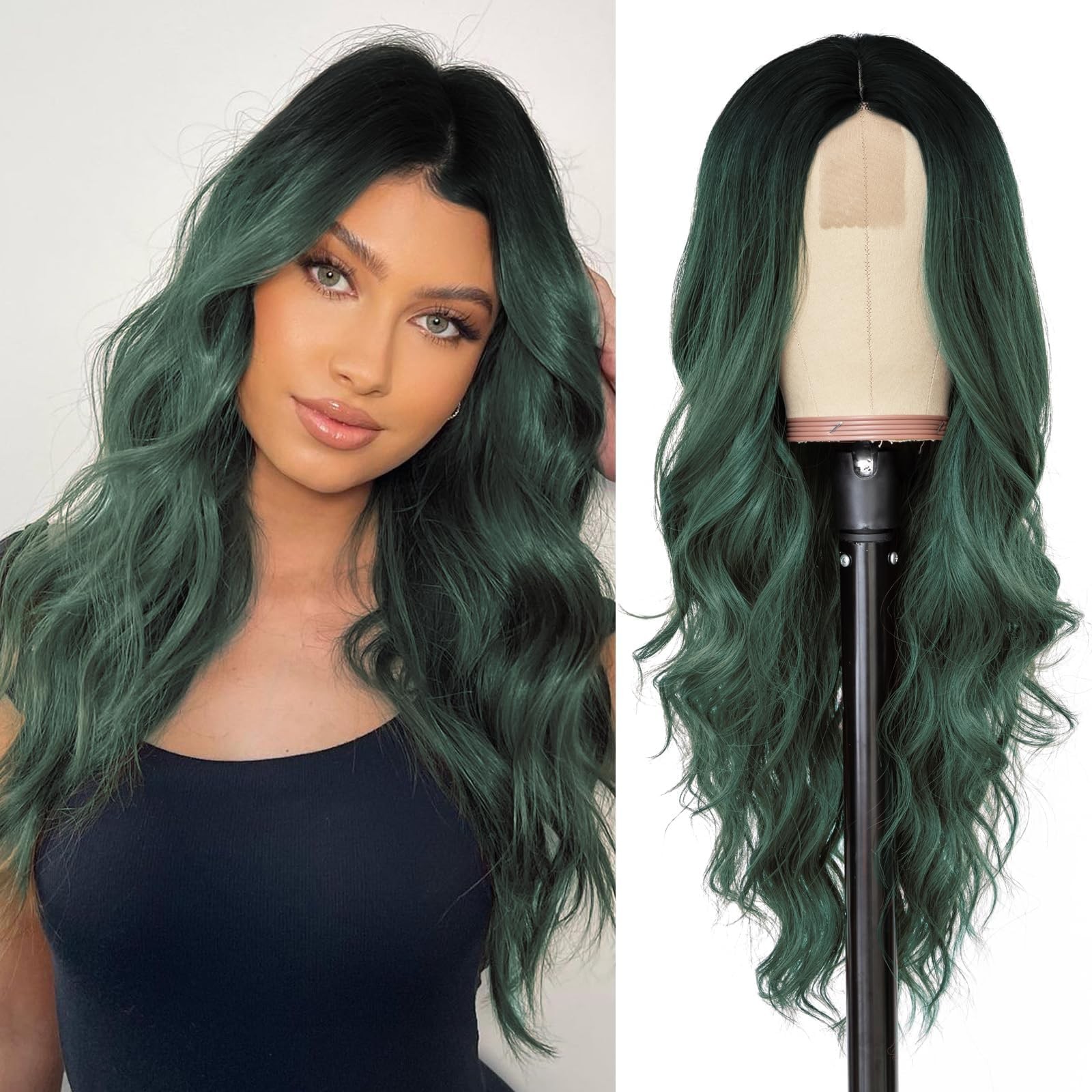 Long Ombre Green Wavy Wig for Women 26 Inch Middle Part Curly Wavy Wig Natura…