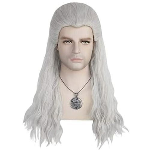 Anogol Hair Cap Silver White Wig Cosplay for Men Wavy for Halloween with Chain