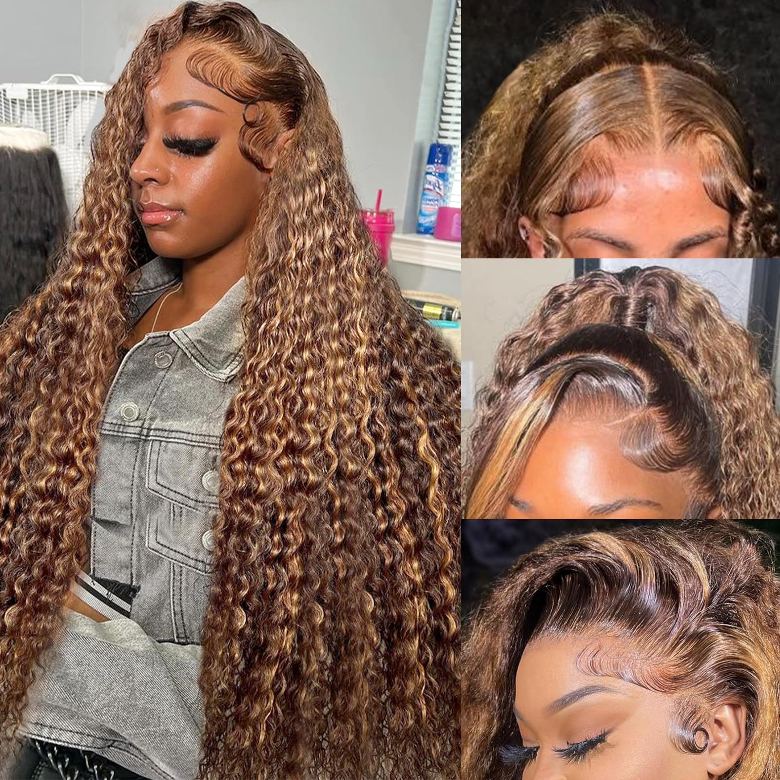 30″ Honey Blonde Deep Wave Lace Front Wig, Ombre Curly Human Hair, 200 Density
