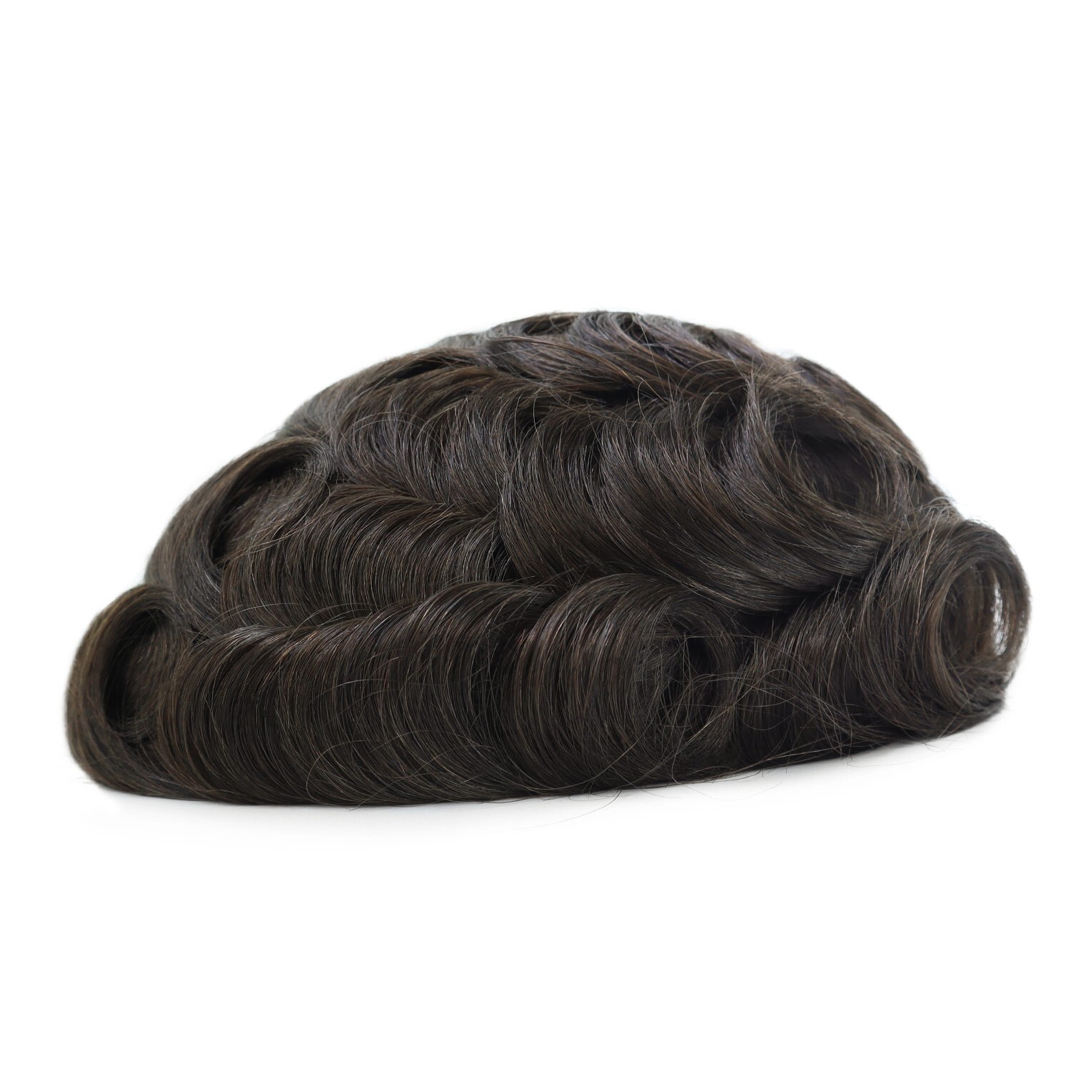 Mens Toupee Human Hair Replacement System Thin Skin Dark Brown Hairpieces #2