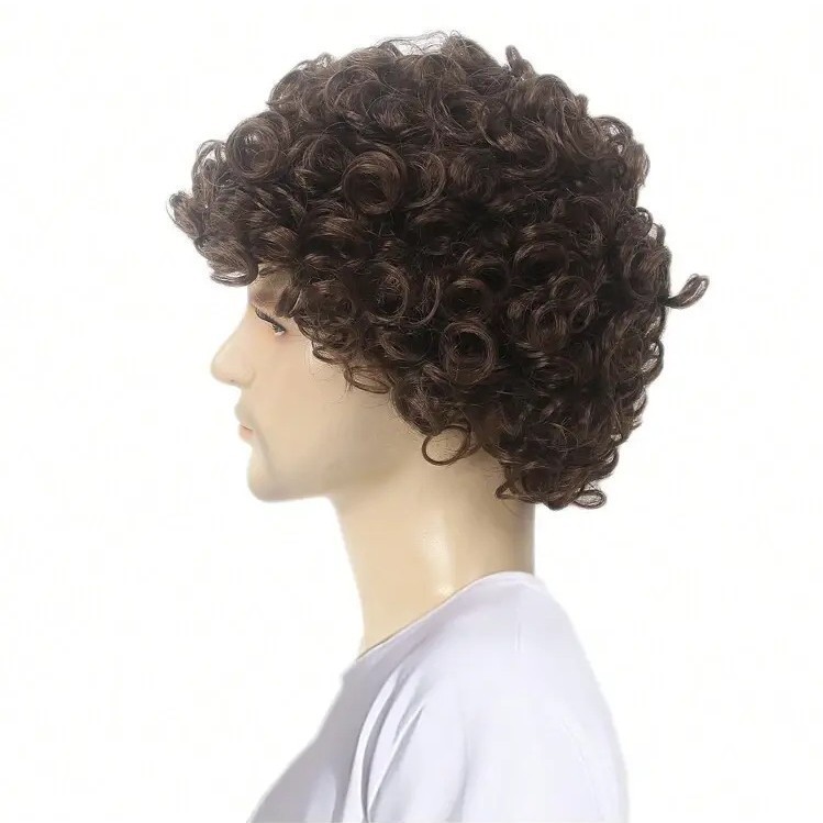 Mens Wig Short Curly Brown Synthetic Hair 12 Inch Natural Looking Daily Wear US