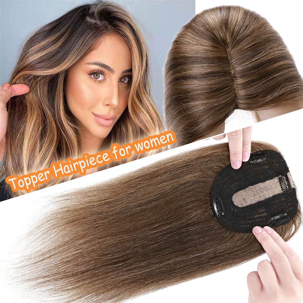 Women’s Toupee Clip In 100% Real Human Hair Mono Topper Hairpiece Silk Top Piece