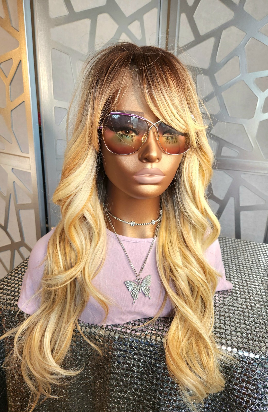 Wig with Bangs Ombre Blonde Wig 13×4 Lace Front Loose Wave Human Blend Glueless