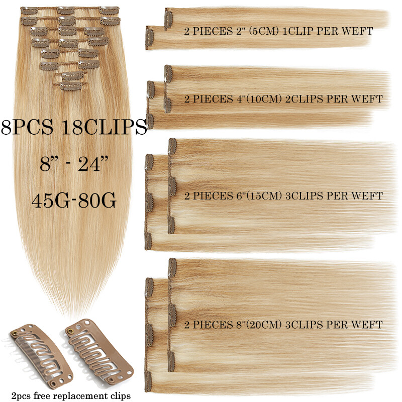 AAAA Bleach White Clip In Real Human Hair Extensions 8″-24″ 8PCS Full Head 100g