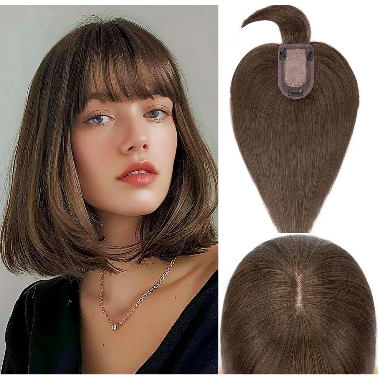 Rich Choices 100% Human Hair Topper with Bangs 14 Inch Chocolate Brown #2R