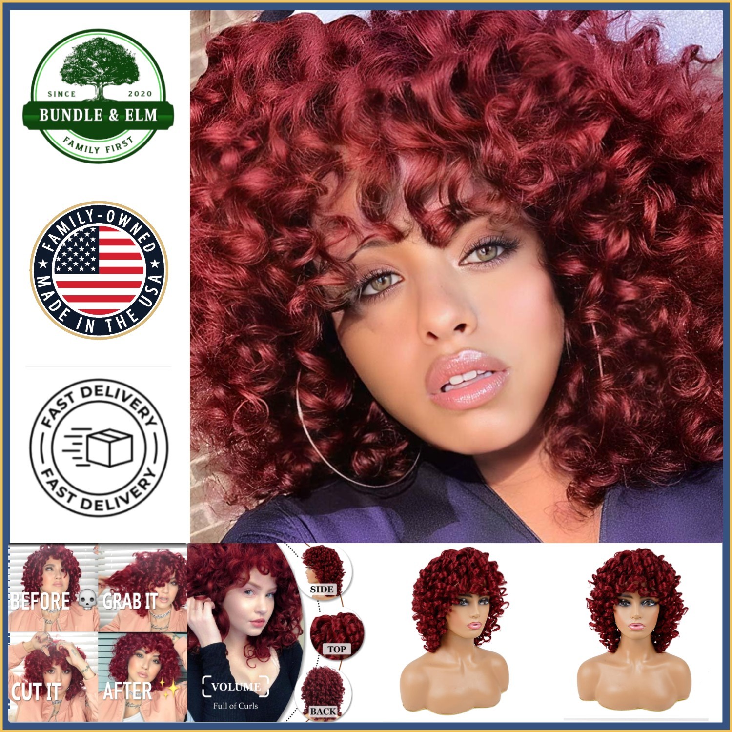 Fluffy Red Curly Wig for Women, Short Bob Style with Adjustable Straps
