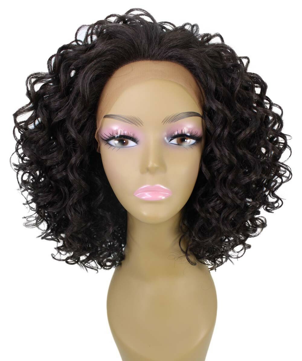 LUXLUXE Oya Curly 14.5 Inch Long 4X4 Hand-Tied Lace Front Wig, Dark Brown